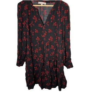 Loft Black Red Floral Tiered Ruffle Dress‎ Long Sleeve Women's Size M